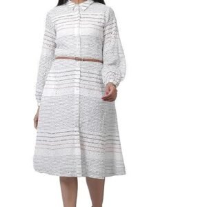 W for Woman White Striped Print Cotton Straight Dress