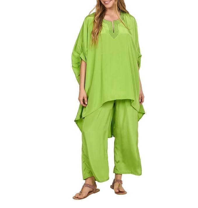 SUN-ROSE FASHIONS Boutique Collection Silk Crepe High Low Style Free Size Kaftan With Pant tunic Cover up Caftan Top Shirt | Festive Look