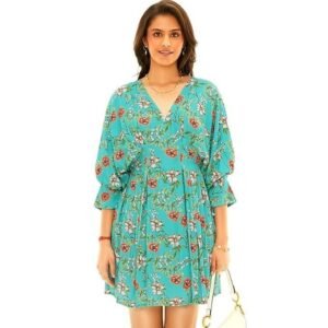 PRETTY PIXIE Women's Short Dress Orchid – Caribbean Jade | Cotton, V-Neck, Relaxed Fit | Trendy Casual Summer, Beach & Vacation Essential | Dress for Woman