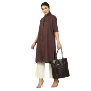 Saltpetre Women Organic Cotton Solid Coffee Brown Long Shirt with Cream Trousers Co-Ords Set
