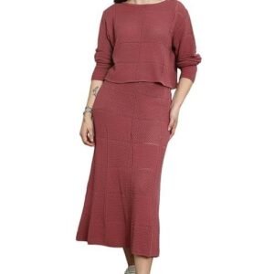 HIGH STAR Women Summer Cotton Long Sleeves Round Neck Top & Skirt Co-Ords Pink