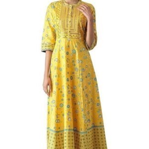 Aurelia Women's Cotton Yellow Flared Dress Midi
