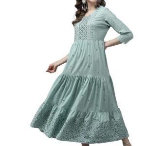 YUFTA Women Pink Embroidery Cotton Pleated Dress