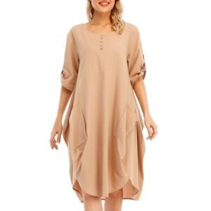 Belity Women Tunic Dress Roll-up Short Sleeve Comfortable Cotton Pockets Irregular Hem Solid Baggy Midi Dress