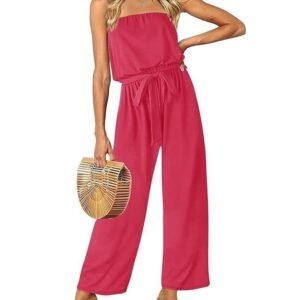 ZESICA Women's Casual Off Shoulder Solid Color Strapless Belted Wide Leg Jumpsuit Romper, Teaberry, XX-Large