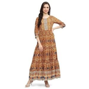 BIBA Women Mustard Cotton Tiered Dress