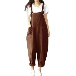 New Women Loose Jumpsuit Overalls Solid Sleeveless Pockets Wide Legs Casual Dungarees Playsuit Rompers-Layfoo