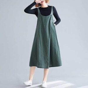 Homgee Women Cotton Linen Pinafore Midi Dress Wide Straps Buttoned Chest Pockets Open Back A Line Casual Loose Overall Dress, Medium, Green