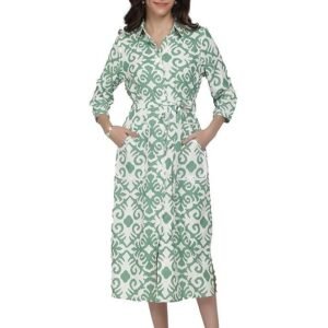 Eayaa Fashion Cotton Kota Long Dress for Women | Ikat Print | A-Line Style | Button-Up Collared Dress with Pockets | Adjustable Tie Waist | Quarter Sleeves | Casual & Stylish Midi One-Piece