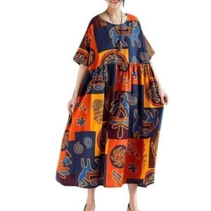 Women Vintage Loose Dress Contrast Color Print Half Sleeves Robes Oversized Cotton Linen Casual Dress Belity