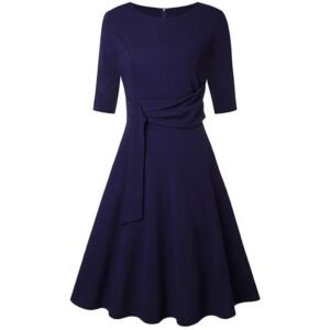 Janzoom Women Round Neck Dress, Elegant Flowy Hem Slim Fit Tie Waist Dress Half Sleeve for Women for Dating for Vacation XL Purplish Blue