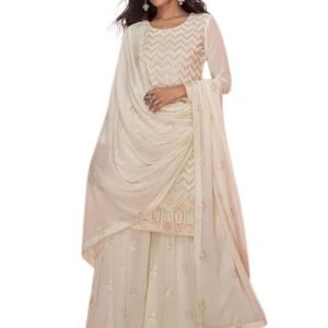 Miss Ethnik Women's White Chinon Stitched Top With Stitched Chinon Bottom and Chinon Dupatta Full Sleeve Embroidered Straight Kurta Set (ME-1160)