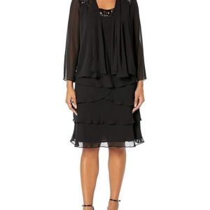 S.L. Fashions Women's Tiered Dress and Coordinating Jacket Two-Piece Set, Black, 10