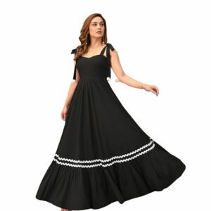 CS Women's Long Maxi Gown with Shoulder Ribbon Tie-Up Dress, Stylish & Trendy - Fit and Flare Sleeveless Square Neckline Western Dress, Casual Beach Long Dress for Women