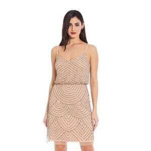 Adrianna Papell Women's Sleeveless V-Neck Blouson Beaded Cocktail Dress