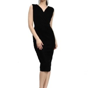 Vaararo Sleeveless Bodycon Party Dress for Women | Deep V-Neck Shiny Velvet Knee Length Outfit