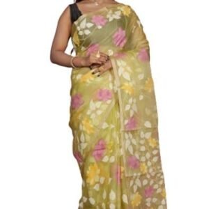 Bengal looms India- Elegant Jangla Jaal Lotus Motif Work Muslin Silk Dhakai Jamdani Saree with Blouse Piece for Festivals and Occasions