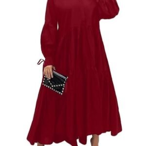 Women's Long Sleeve Maxi Shirt Dress Elegant Button Down Loose Swing Party Dress, 87 Burgundy, M