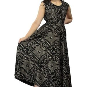 JALMALA’s Free Size Calf-Length Dress: Tribal Print, Round Neck-line, Extra Sleeves Attached Inside, Waist Belt Adjustable Fit || Kurti, Kurta, Dress or Gown for Teenage Girls & Women