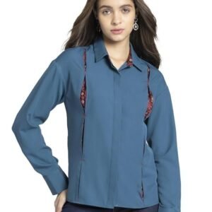 SHAYE Spread Collar Blue Printed Long Sleeves Casual Shirts for Women