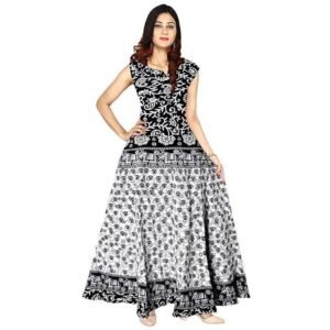 NEW KANISHKA BOUTIQUE Women Fit and Flare Cotton Fabric Printed A-Line Maxi Midi Western Long Gown jaipuri printed jaipuri dress