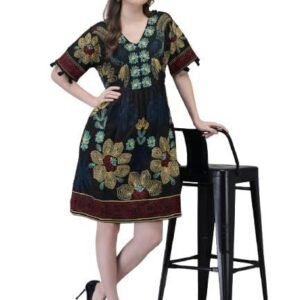 Aralia Women's Cotton Floral Embroidered Midi Dress, Black, V-Neck with Pockets