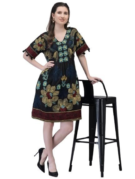 Aralia Women's Cotton Floral Embroidered Midi Dress, Black, V-Neck with Pockets