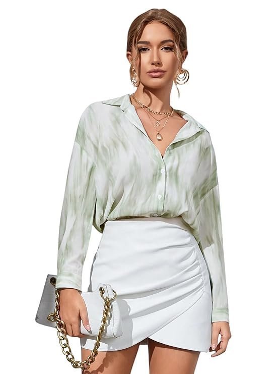 GRECIILOOKS Women's Rayon Oversized Fit Crop Top Korean Style Long Sleeve Oversized Button Down | Workwear Top for Office & Casual Wear