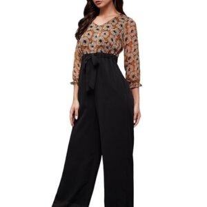 Miss Chase Women's V-Neck Bishop Floral Wide Leg Georgette Regular Jumpsuit with Pockets