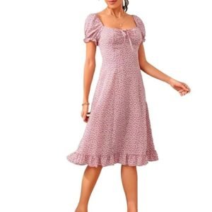 Dream Beauty Fashion Women's Polyester Printed A-line Square Neck Half Sleeve Knee-Long Dress (Dress Momo)