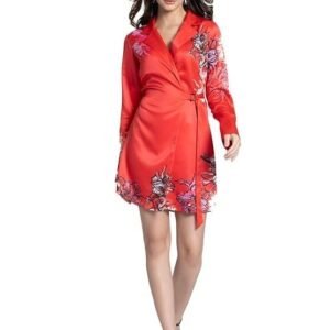 SHAYE Notch Collar Red Floral Print Long Sleeves Party Wrap Dress for Women